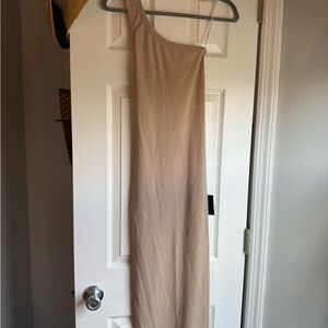 Lulu's Elegant Tan One-Shoulder Dress